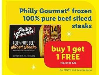 Lidl Philly gourmet frozen 100% pure beef sliced steaks offer