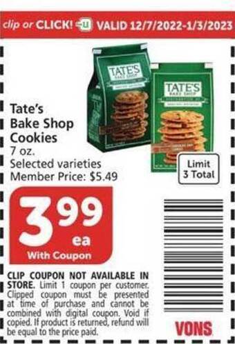 Vons Tate's bake shop cookies offer