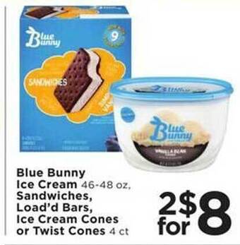 Cub Foods Blue bunny ice cream, sandwiches, load'd bars, ice cream cones or twist cones offer