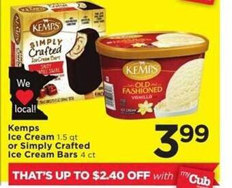 Cub Foods Kemps ice cream or simply crafted ice cream bars offer