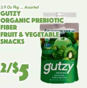 The Food Emporium Gutzy organic prebiotic fiber fruit & vegetable snacks offer