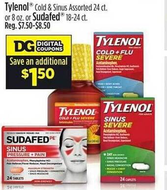 Dollar General Tylenol cold & sinus assorted or sudafed offer