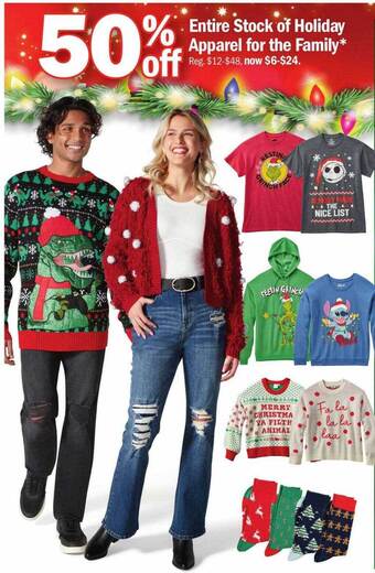 Meijer Entire stock of holiday apparel for the family offer