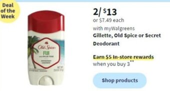 Walgreens Gillette, Old Spice or Secret Deodorant offer