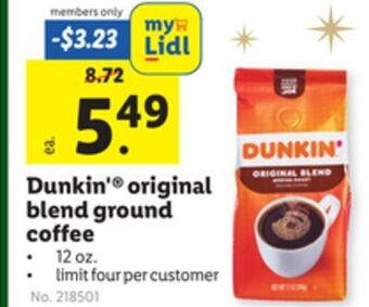 Lidl Dunkin' ® original blend ground coffee offer
