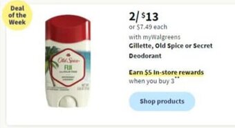 Walgreens Gillette, Old Spice or Secret Deodorant offer