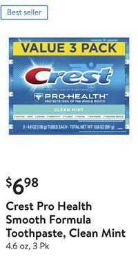 Walmart Crest pro health smooth formula toothpaste, clean mint offer