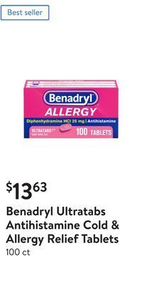 Walmart Benadryl ultratabs antihistamine cold & allergy relief tablets offer