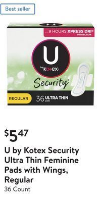 Walmart U by kotex security ultra thin feminine pads with wings, regular offer