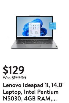 Walmart Lenovo ideapad 1i, 14.0" laptop, intel pentium n5030, 4gb ram, 128gb emmc storage, cloud grey, windows 11 in s mode, 82v6001d offer