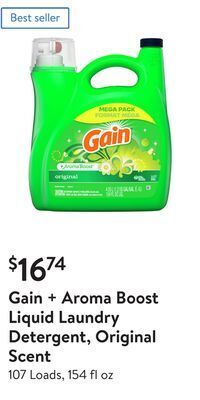 Walmart Gain + aroma boost liquid laundry detergent, original scent offer