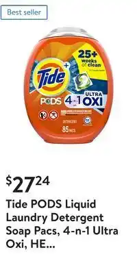 Walmart Tide pods liquid laundry detergent soap pacs, 4-n-1 ultra oxi, he compatible 85 count, built in pre-treater for stains offer
