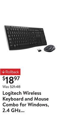 Walmart Logitech wireless keyboard and mouse combo for windows, 2.4 ghz wireless, compact mouse, 8 multimedia and shortcut keys, 2-ye offer