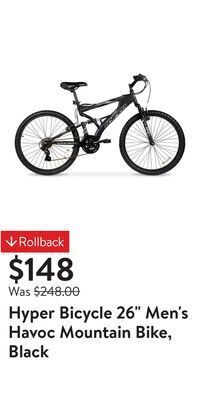 Walmart Hyper bicycle 26" men's havoc mountain bike, black offer