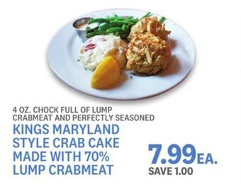 Kings Food Markets Kings maryland style crab cake made with 70% lump crabmeat offer