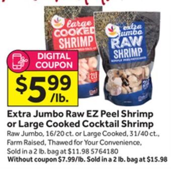 Stop&Shop Extra jumbo raw ez peel shrimp or large cooked cocktail shrimp offer