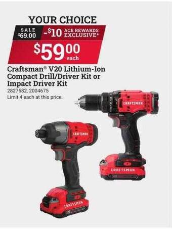 Ace Hardware Craftsman v20 lithium-ion compact drill driver kit or impact driver kit offer
