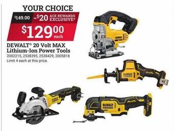 Ace Hardware Dewalt 20 volt max lithium-ion power tools offer