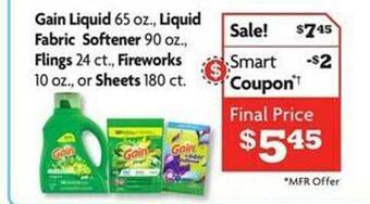 Family Dollar Gain liquid, liquid fabric softener, flings, fireworks or sheets offer