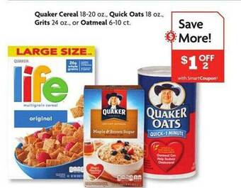 Family Dollar Quaker cereal, quick oats, grits or oatmeal offer