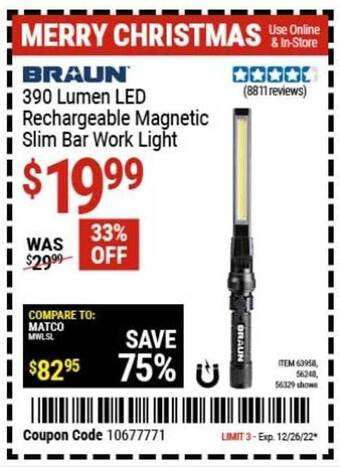 Harbor Freight Tools Braun 390 lumen led rechargeable magnetic slim bar work light offer
