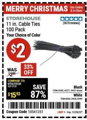 Harbor Freight Tools Storehouse cable ties 100 pack offer