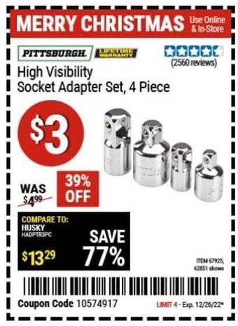 Harbor Freight Tools Pittsburgh high visibility socket adapter set, 4 piece offer