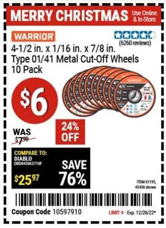 Harbor Freight Tools Warrior type 01-41 metal cut-off wheels 10 pack offer