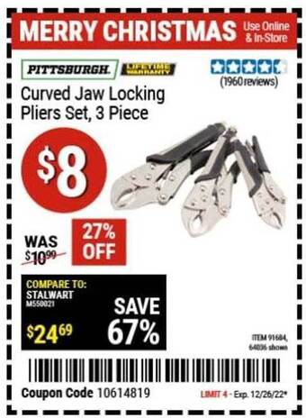 Harbor Freight Tools Pittsburgh curved jaw locking pliers set, 3 piece offer