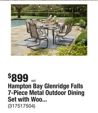 The Home Depot Hampton bay glenridge falls 7-piece metal outdoor dining set with wood finish table and rocking sling chairs in putty offer