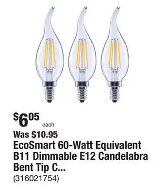 The Home Depot Ecosmart 60-watt equivalent b11 dimmable e12 candelabra bent tip clear glass led vintage edison light bulb bright white (3-pa offer