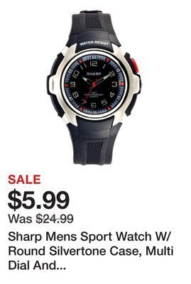 Kmart Sharp mens sport watch w/round silvertone case, multi dial and black resin band offer
