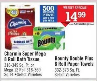 Price Chopper Charmin super mega 8 roll bath tissue or bounty double plus 6 roll paper towels offer