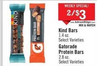Price Chopper Kind bars or gatorade protein bars offer