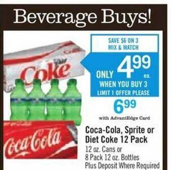 Price Chopper Coca-cola, sprite or diet coke 12 pack offer