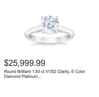 Costco Round brilliant 1.50 ct vvs2 clarity, e color diamond platinum solitaire ring offer
