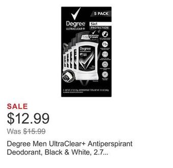 Costco Degree men ultraclear+ antiperspirant deodorant, black & white, 2.7 oz, 5-count offer