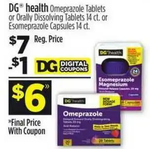 Dollar General Dg Health Omeprazole Tablets Or Orally Dissolving Tablets 14 Ct. Or Esomeprazole Capsules 14 Ct. offer
