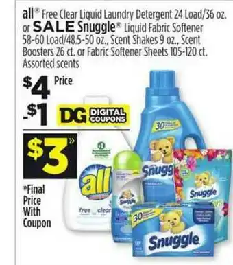 Dollar General All Free Clear Liquid Laundry Detergent 24 Load-36 Oz. Or Snuggle Liquid Fabric Softener 58-60 Load-48.5-50 Oz., Scent Shakes offer