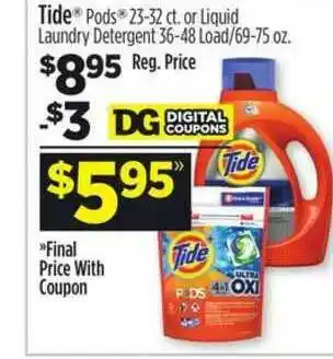 Dollar General Tide Pods 23-32 Ct. Or Liquid Laundry Detergent 36-48 Load - 69-75 Oz. offer
