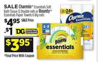Dollar General Charmin Essentials Soft Bath Tissue 12 Double Rolls Or Bounty Essentials Paper Towels 6 Big Rolls offer