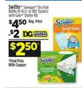 Dollar General Swiffer Sweeper Dry Pad Refills 10-16 Ct. Or 180 Dusters With Gain Starter Kit offer
