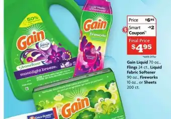 Family Dollar Gain Liquid 70 Oz., Flings 24 Ct., Liquid Fabric Softener 90 Oz., Fireworks 10 Oz., Or Sheets 200 Ct. offer