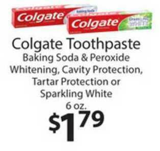 Family Fare Colgate Toothpaste Baking Soda & Peroxide Whitening, Cavity Protection, Tartar Protection Or Sparkling White 6 Oz. offer