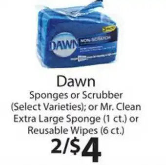 Family Fare Dawn Sponges Or Scrubber Or Mr. Clean Extra Large Sponge (1 Ct.) Or Reusable Wipes (6 Ct.) offer