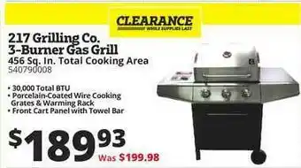 Rural King 217 Grilling Co. 3-Burner Gas Grill 456 Sq. In. Total Cooking Area offer