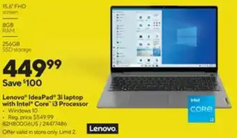 Staples Lenovo IdeaPad 3i Laptop With Intel Core i3 Processor 82H800G6US/24477486 offer