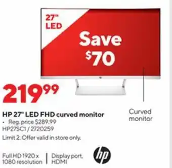 Staples HP 27 LED FHD Curved Monitor HP27CSI offer