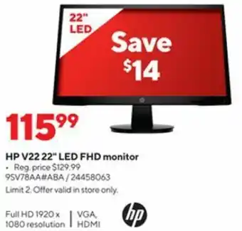 Staples HP V22 22 LED FHD Monitor 9SV78AA offer