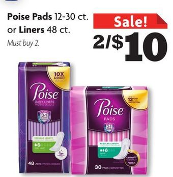 Family Dollar Poise pads 12-30 ct. or liners 48 ct. offer